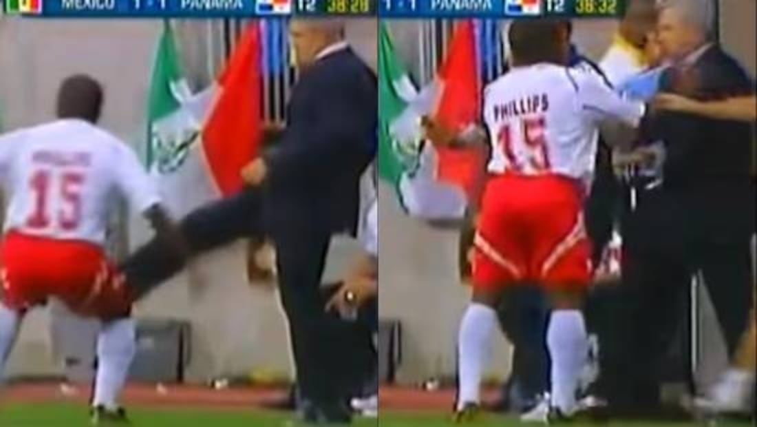 Ricardo Phillips respondió con un empujón a la patada que le dio Javier Aguirre. Foto: Especial