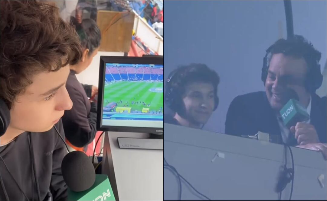 André Marín Jr. y David Faitelson, en el palco de TUDN. FOTO: @andremarinpuig / @TUDNMEX