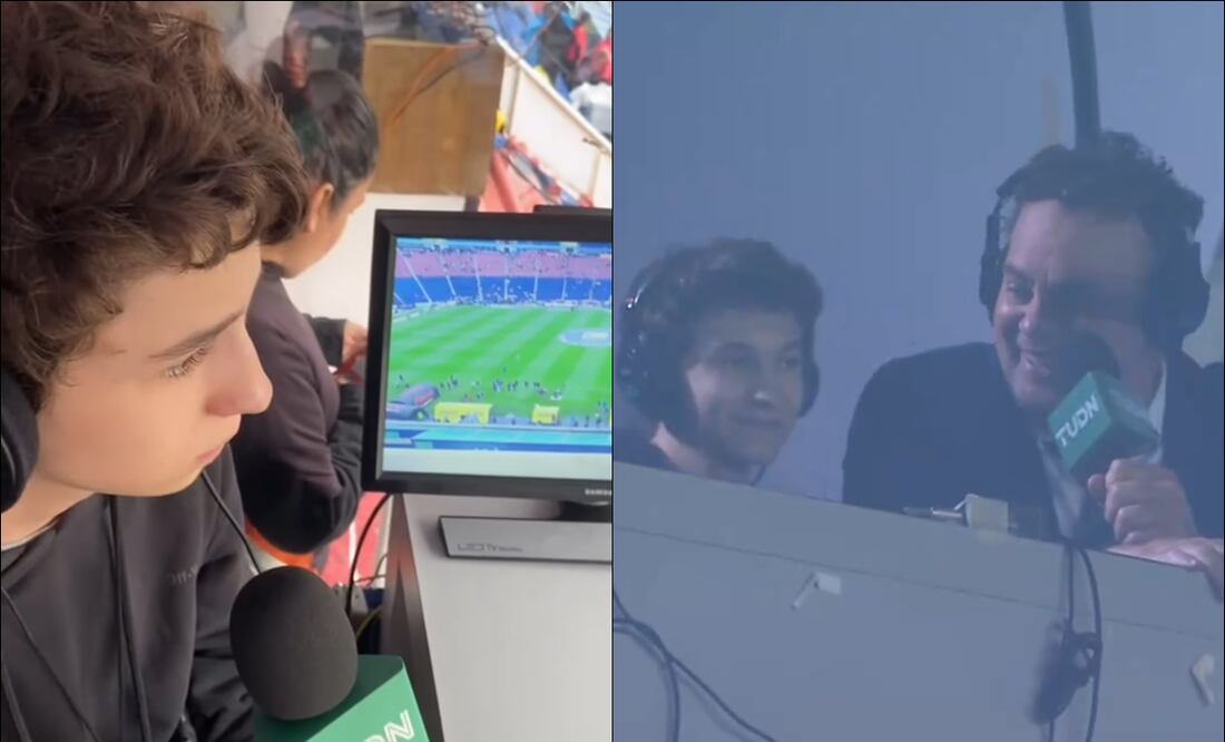 André Marín Jr. y David Faitelson, en el palco de TUDN. FOTO: @andremarinpuig / @TUDNMEX