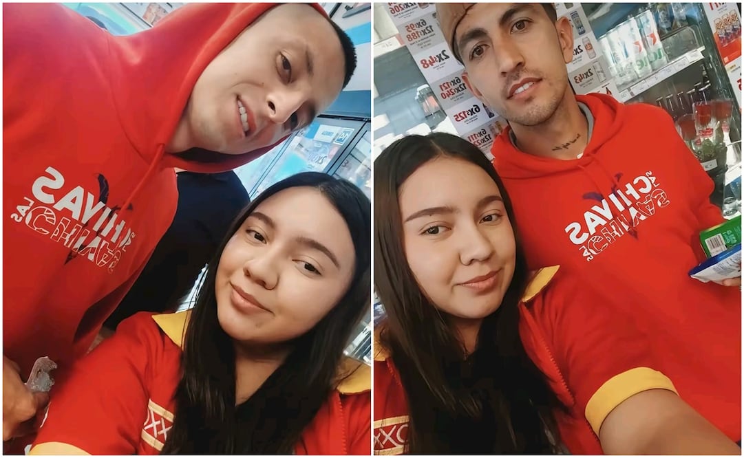 Jugadores de Chivas y una empleada del Oxxo - Foto: Especial