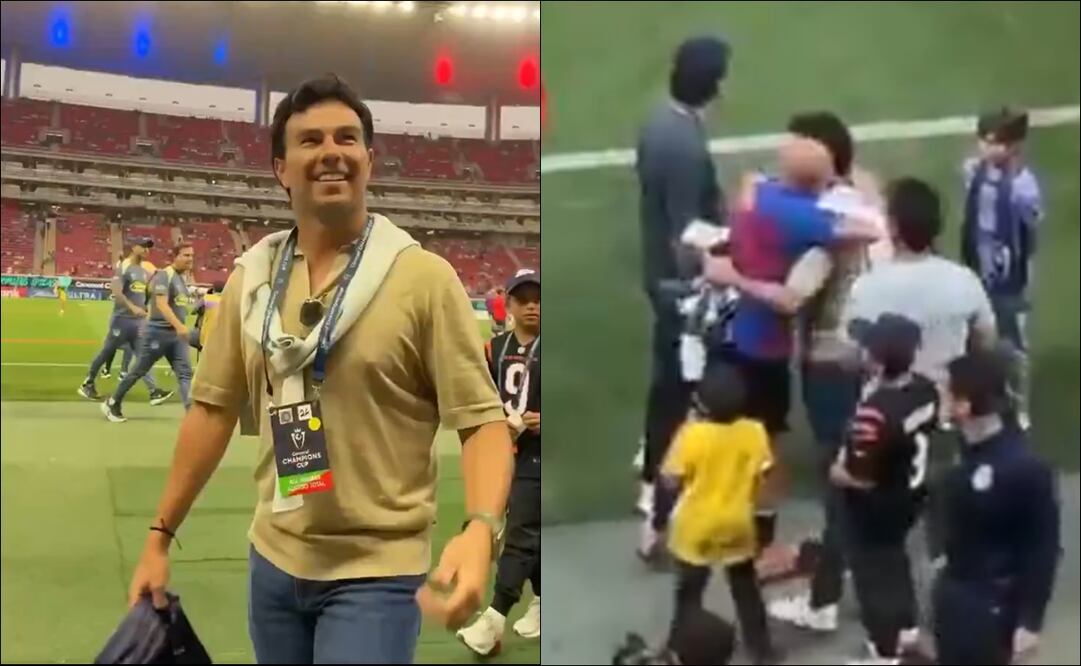 Sergio Pérez apareció en la cancha del Estadio Akron y saludó a Chicharito. FOTOS: Capturas