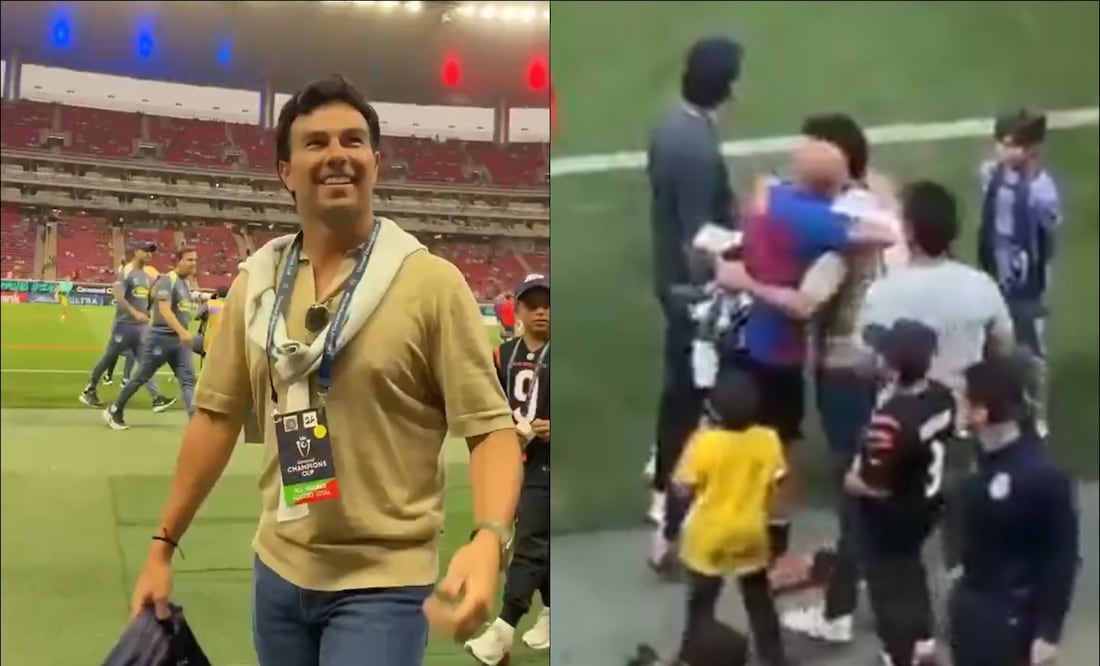 Sergio Pérez apareció en la cancha del Estadio Akron y saludó a Chicharito. FOTOS: Capturas