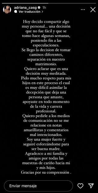 Mensaje publicado de la esposa de Chicote Calderón anunciado su divorcio del futbolista