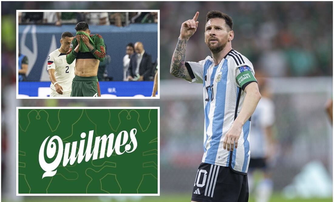 Leo Messi ante México en Qatar 2022, logo Quilmes y Edson Álvarez / FOTOS: Imago7 y Twitter @Quilmes_Cerveza