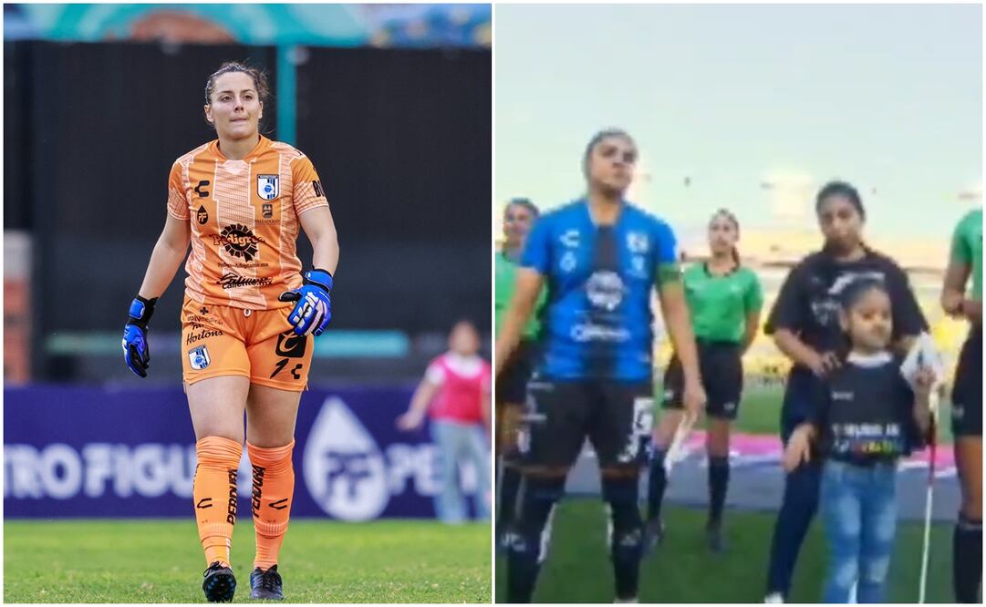 Marta Alemany con Gallos Femenil y menor del protocolo de Liga MX entre Tigres y Querétaro / FOTOS: Imago7 y captura