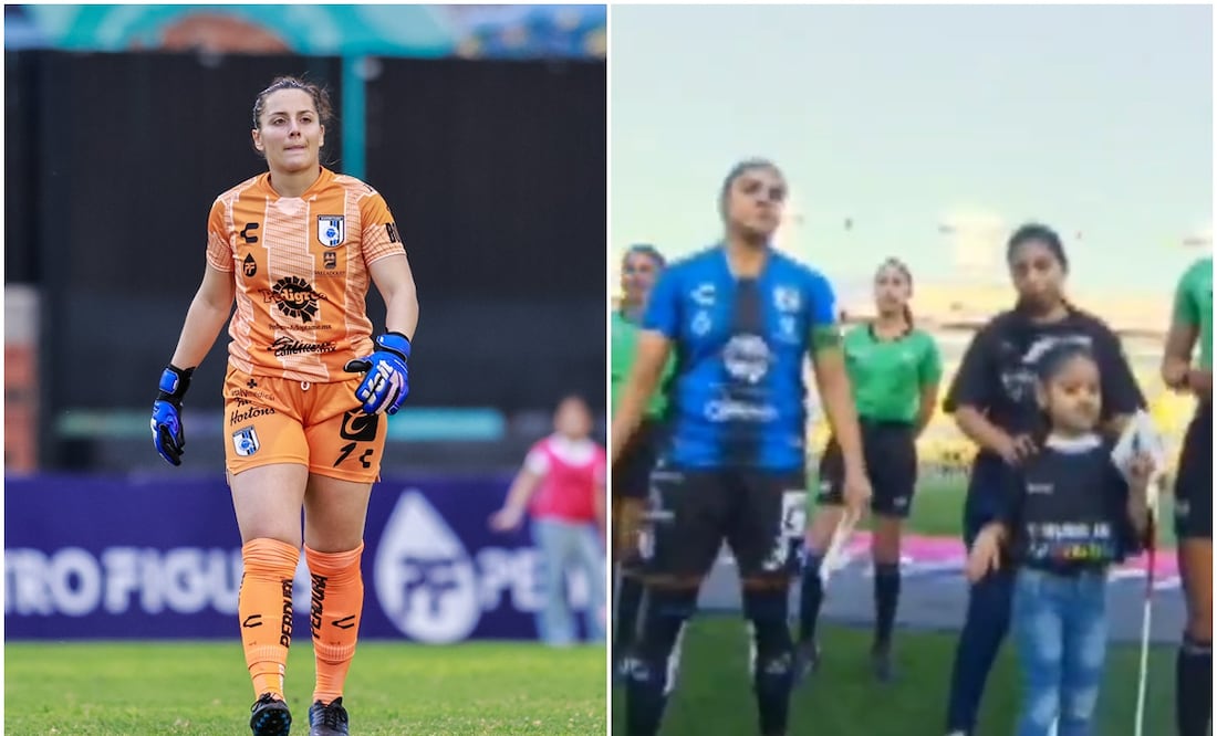Marta Alemany con Gallos Femenil y menor del protocolo de Liga MX entre Tigres y Querétaro / FOTOS: Imago7 y captura