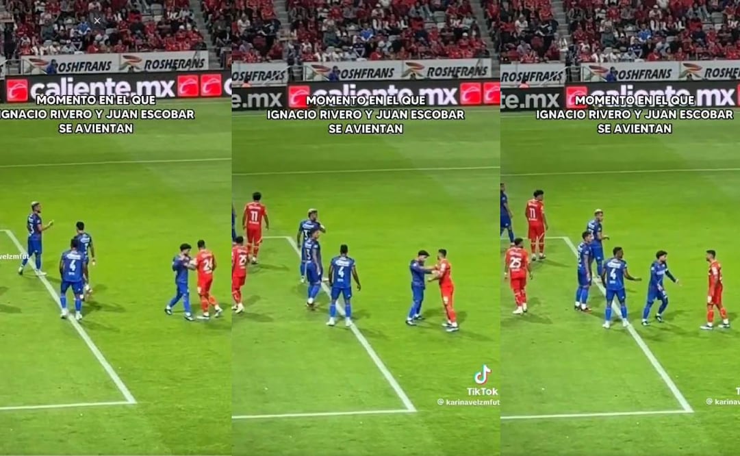 Juan Escobar empujó a Nacho Rivero en el juego entre Toluca y Cruz Azul. Foto: Especial