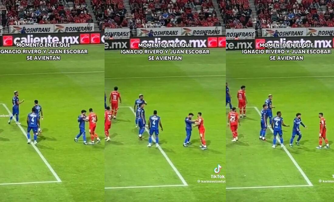 Juan Escobar empujó a Nacho Rivero en el juego entre Toluca y Cruz Azul. Foto: Especial