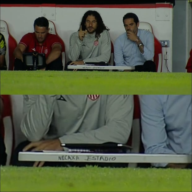 Así luce rotulada una mesa propiedad del Necaxa dentro del Estadio Victoria. FOTO: Especial