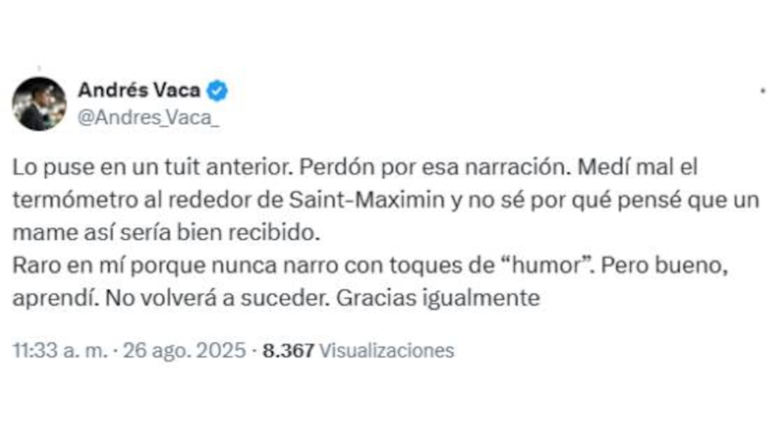 Andrés Vaca publicó este mensaje ofreciendo disculpas por el narración del gol de Allan Saint-Maximin. Foto: Especial