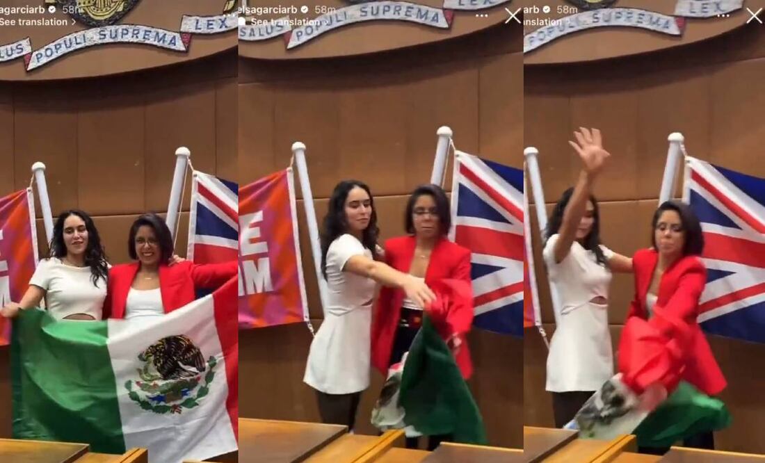 Elsa García lanzó al suelo la bandera de México en la ceremonia de su hermana Laura, quien recibió la nacionalidad británica. Foto: Especial