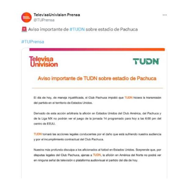Con este comunicado Televisa anunció que tomará medidas legales contra Pachuca por impedirles transmitir el juego frente al América. Foto: Especial
