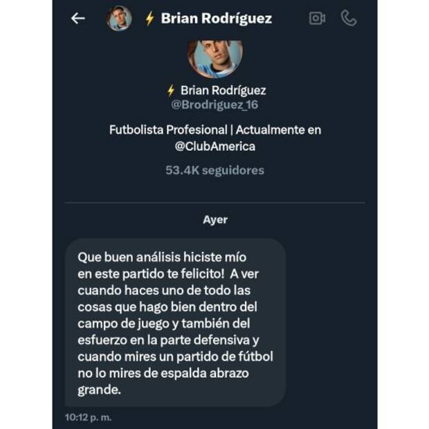 Este es el mensaje con el que Brian Rodríguez recriminó sus críticas a un aficionado del América. Foto: Especial