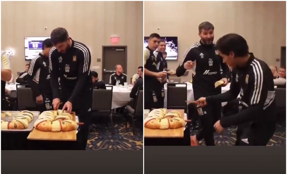Gignac partiendo la Rosca de Reyes y fingiendo no sacar el muñeco / FOTOS: Captura