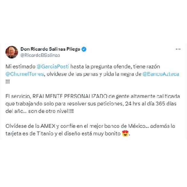 Este es el mensaje que le envió Ricardo Salinas Pliego a Luis García. Foto: Especial
