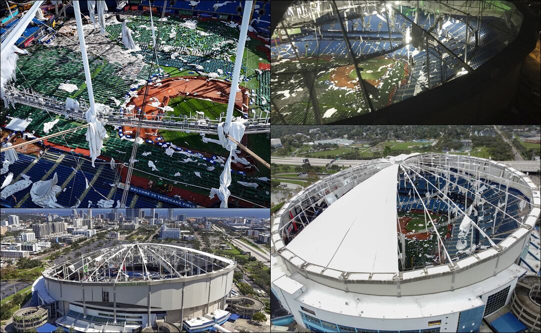 Así luce desde el aire el Tropicana Field, casa de los Rays, tras el paso del huracán Milton. FOTOS: AP / AFP