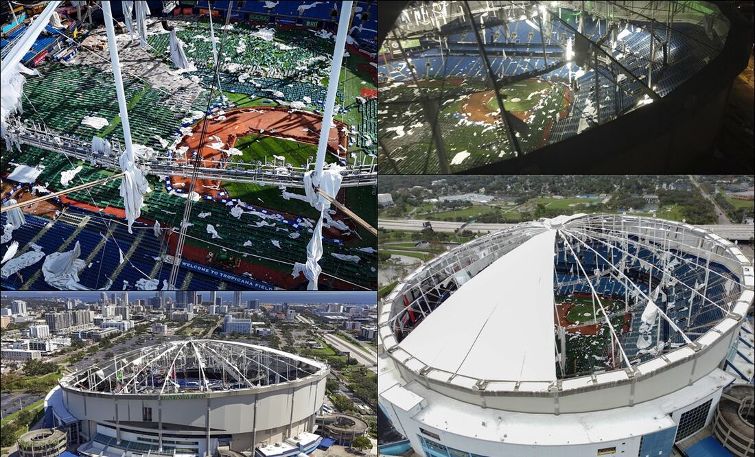 Así luce desde el aire el Tropicana Field, casa de los Rays, tras el paso del huracán Milton. FOTOS: AP / AFP