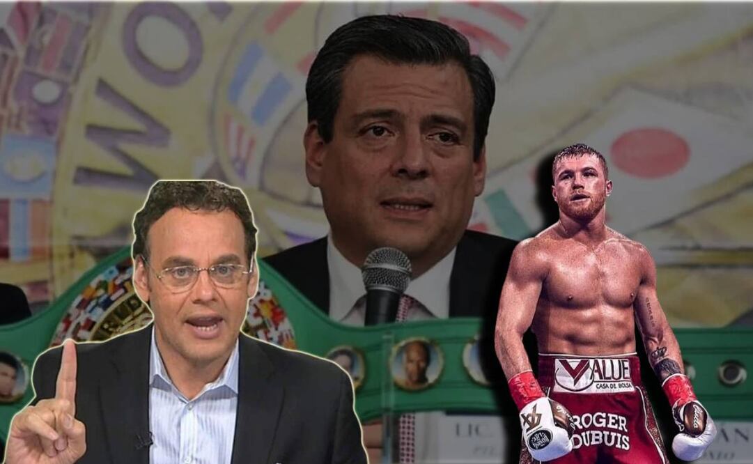 Mauricio Sulaimán con cinturón, David Faitelson y Saúl Álvarez / FOTOS: AP, Captura e Instagram @caneloteam