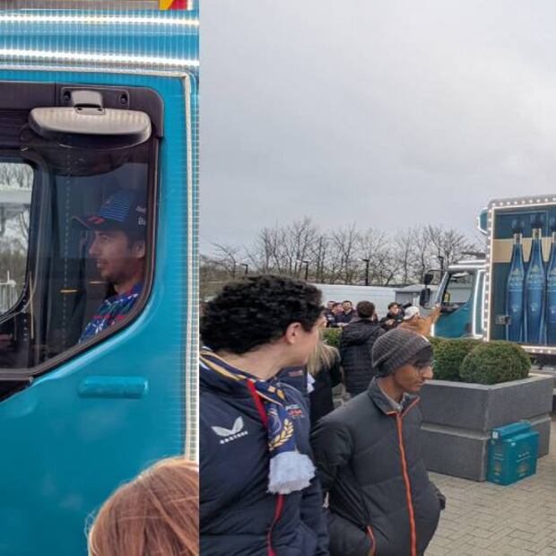 Checo Pérez manejó el camión que estaba lleno de tequila que regaló a trabajadores de Red Bull. Foto: Especial