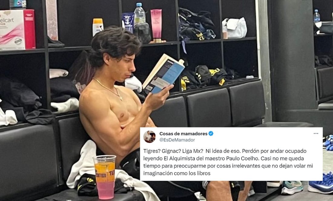 Diego Lainez leyendo un libro en el vestidor de Tigres y captura de cuenta 'Es de Mamador' / FOTO: Instagram @guido.pizarro19 y Captura