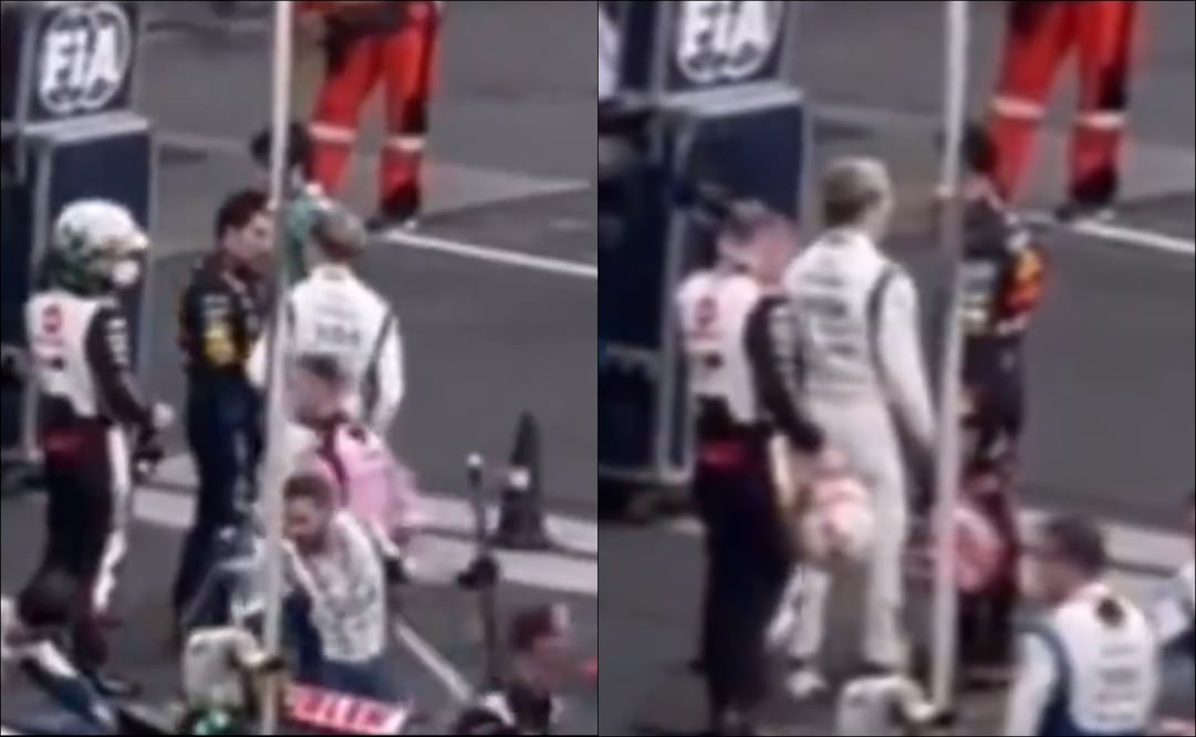 'Checo' Pérez y Liam Lawson sostienen una charla acalorada tras el final del GP de México. FOTO: Captura