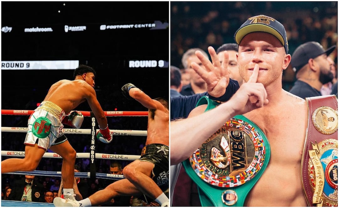 Jaime Munguía noqueando a John Ryder y Canelo Álvarez celebrando / FOTOS: Instagram @jaimemunguiaoficial y @caneloteam
