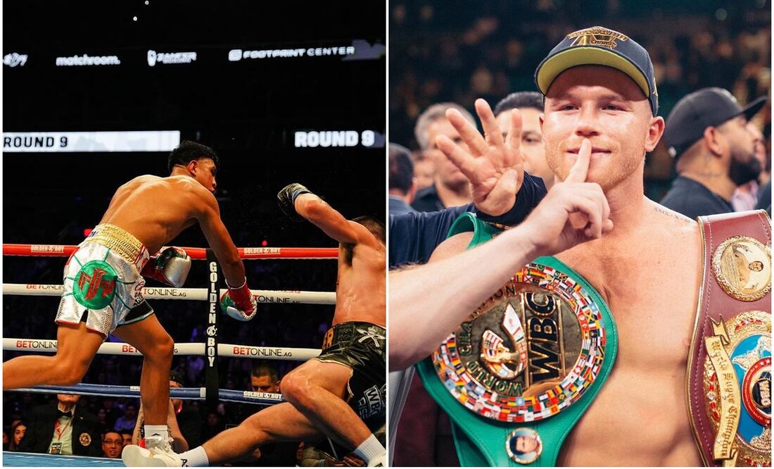 Jaime Munguía noqueando a John Ryder y Canelo Álvarez celebrando / FOTOS: Instagram @jaimemunguiaoficial y @caneloteam