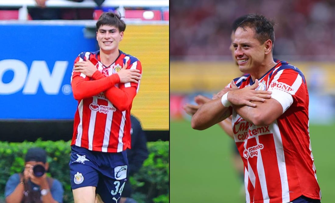 Armando González y Javier Hernández festejan sus goles en el duelo ante Rayados. FOTO: Imago7