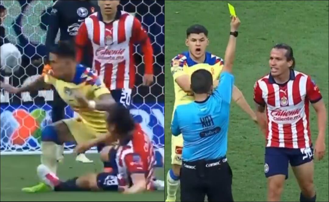 Óscar Mejía muestra la tarjeta amarilla al 'Oso' González. FOTOS: Capturas