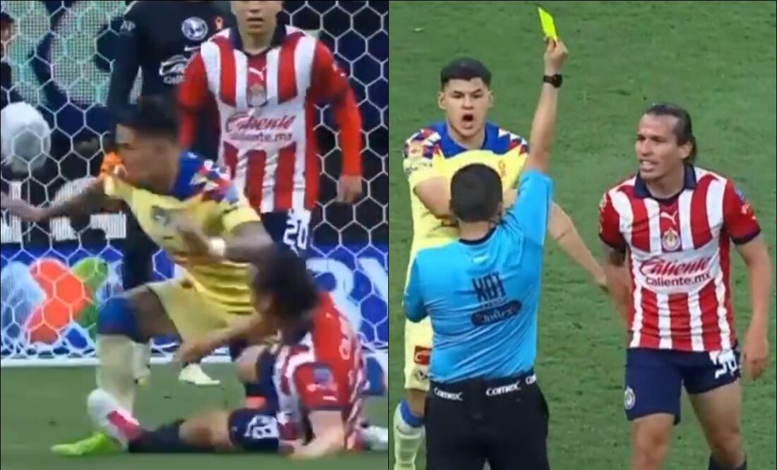 Óscar Mejía muestra la tarjeta amarilla al 'Oso' González. FOTOS: Capturas