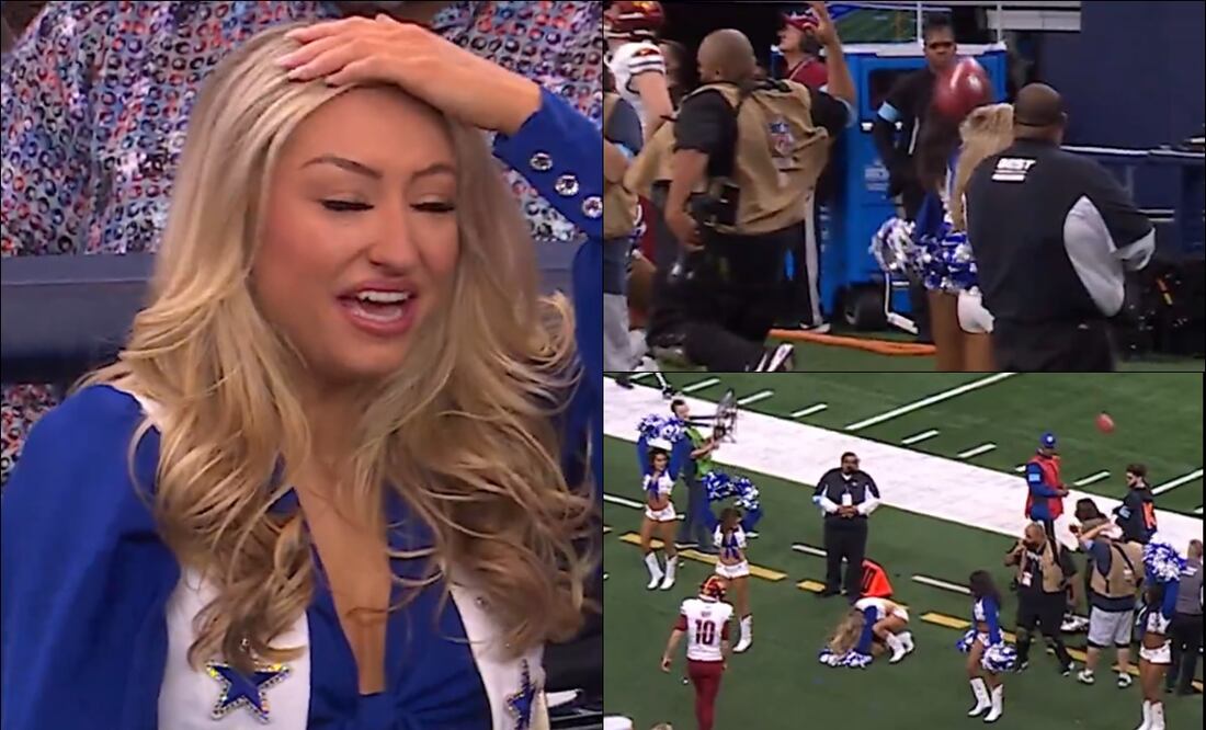 Porrista de los Vaqueros de Dallas sufrió un tremendo balonazo tras un despeje en el partido vs Commanders. FOTO: Capturas