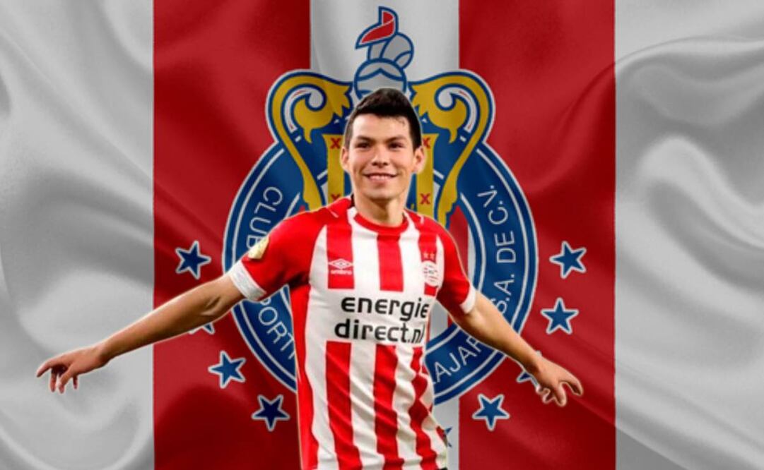 Hirving 'Chucky' Lozano con el PSV y logo de Chivas de fondo / FOTO: AFP y Especial