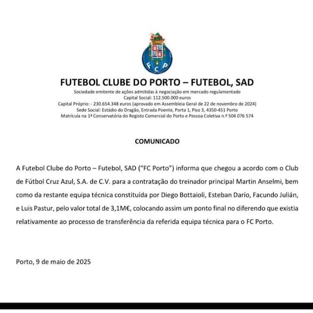 Así luce el comunicado del Porto tras llegar a un acuerdo con el Cruz Azul. FOTO: Especial
