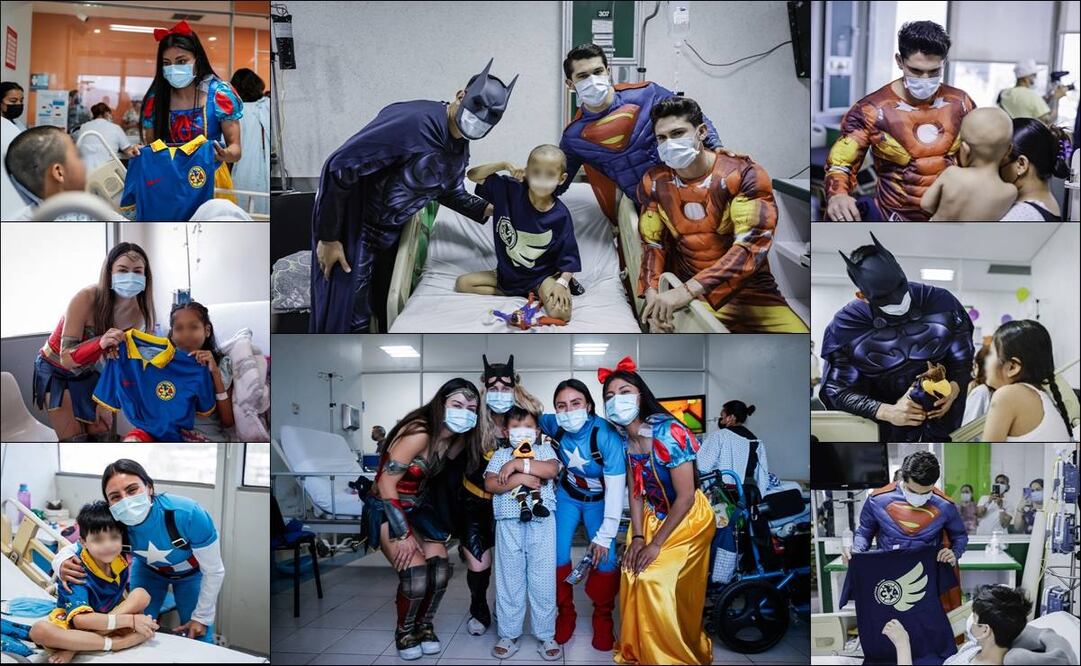 Jugadores del América varonil y femenil brindaron sonrisas en el Hospital Infantil vestidos de superhéroes y princesas. FOTOS: @AmericaFemenil / @ClubAmerica