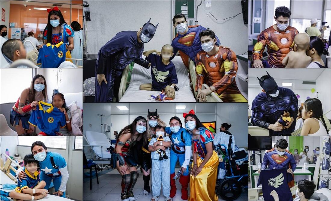 Jugadores del América varonil y femenil brindaron sonrisas en el Hospital Infantil vestidos de superhéroes y princesas. FOTOS: @AmericaFemenil / @ClubAmerica
