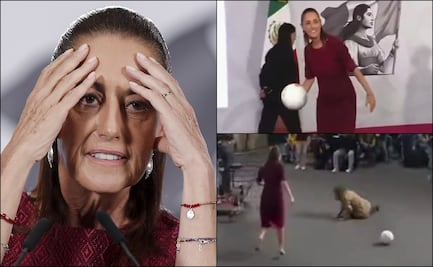 Claudia Sheinbaum lanza balón en la Mañanera del Pueblo y reportera termina en el suelo