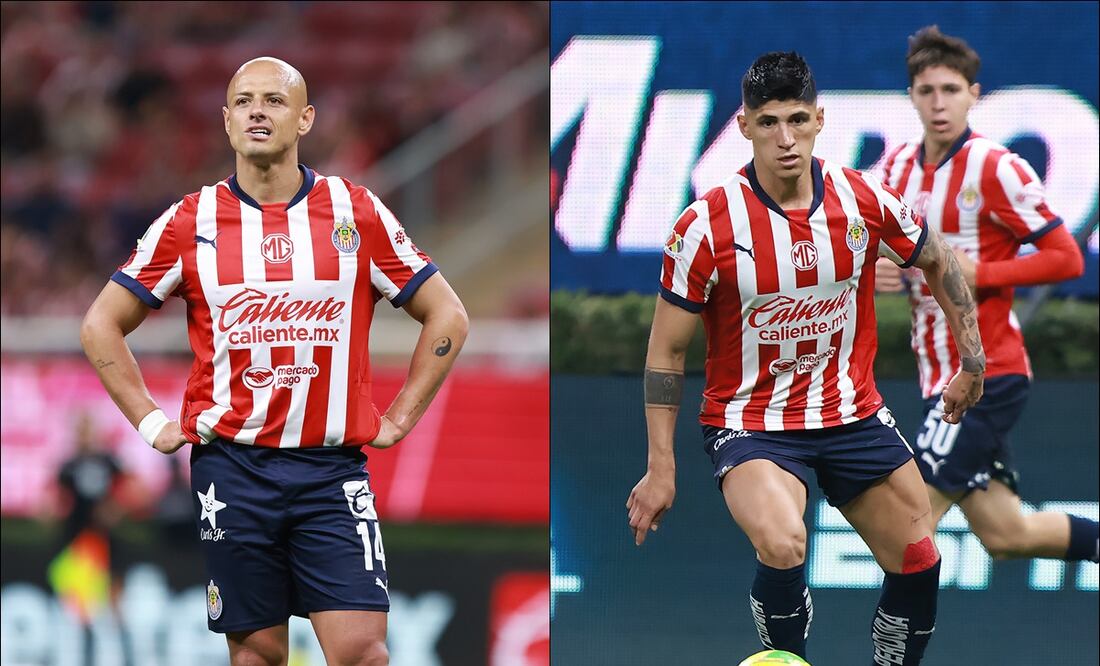 'Chicharito' Hernández y Alan Pulido, durante el partido ante el Puebla en el Akron. FOTO: Imago7