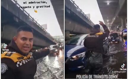 “Me siento contento”: Policía se hace viral al meterse a encharcamiento para ayudar