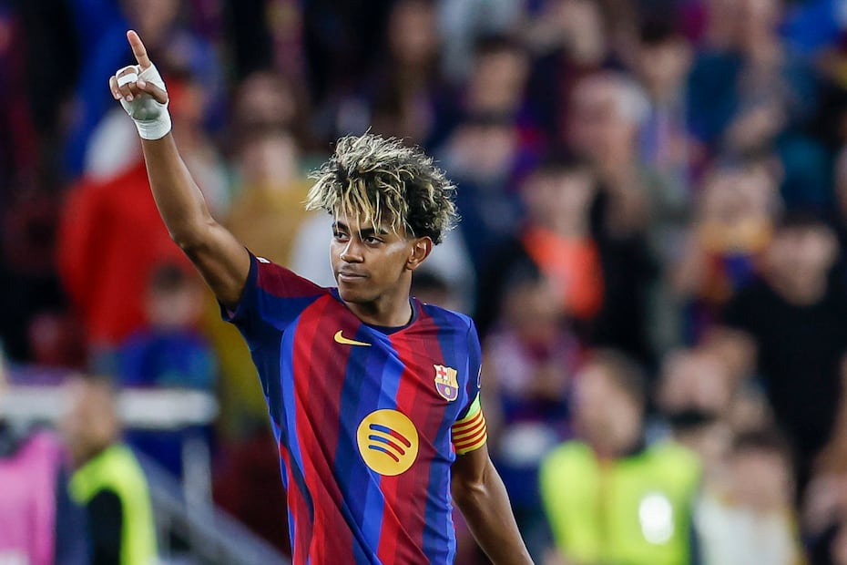 Lamine Yamal en festejo de gol con el Barcelona, durante la Champions League - Foto: EFE