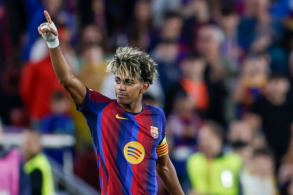 Lamine Yamal en festejo de gol con el Barcelona, durante la Champions League - Foto: EFE