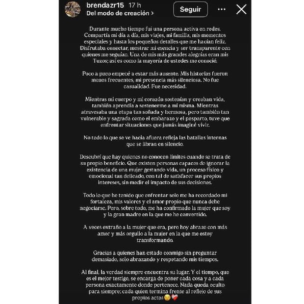 Este fue el mensaje compartido por Brenda Zúñiga, esposa de Malagón, en las redes sociales. FOTO: @brendazr15