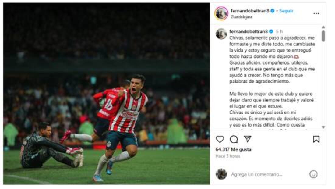 Este es el mensaje que dedicó Fernando Beltrán a Chivas tras anunciar su salida del equipo. Foto: Especial