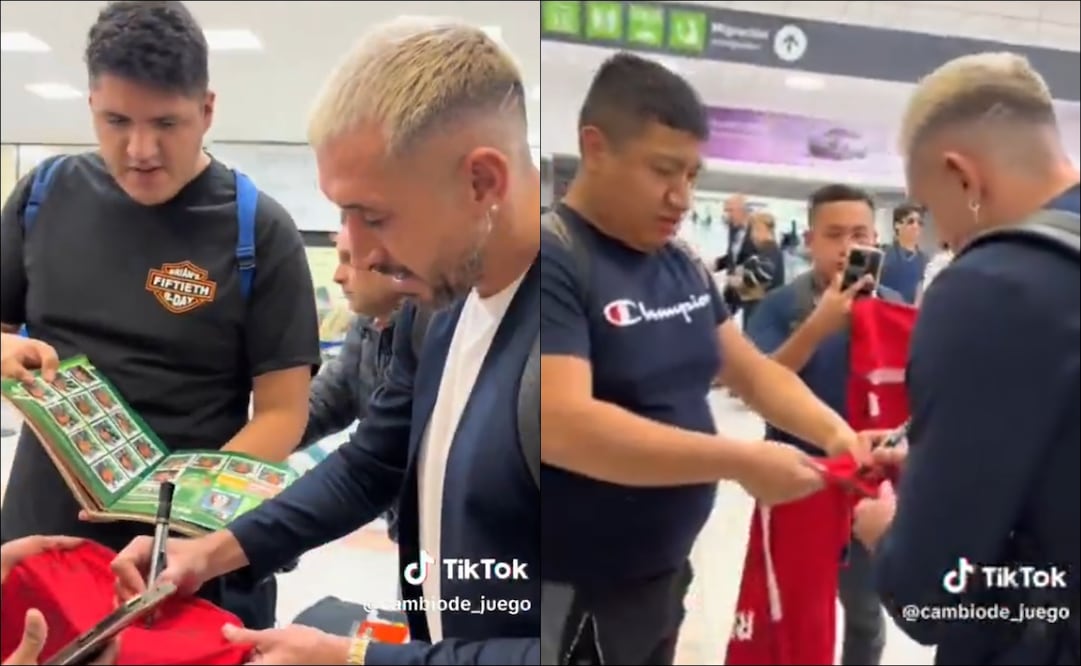 Héctor Herrera firmó algunas playeras del Toluca a su llegada al Aeropuerto Internacional de la Ciudad de México. FOTO: @AlanCdn_