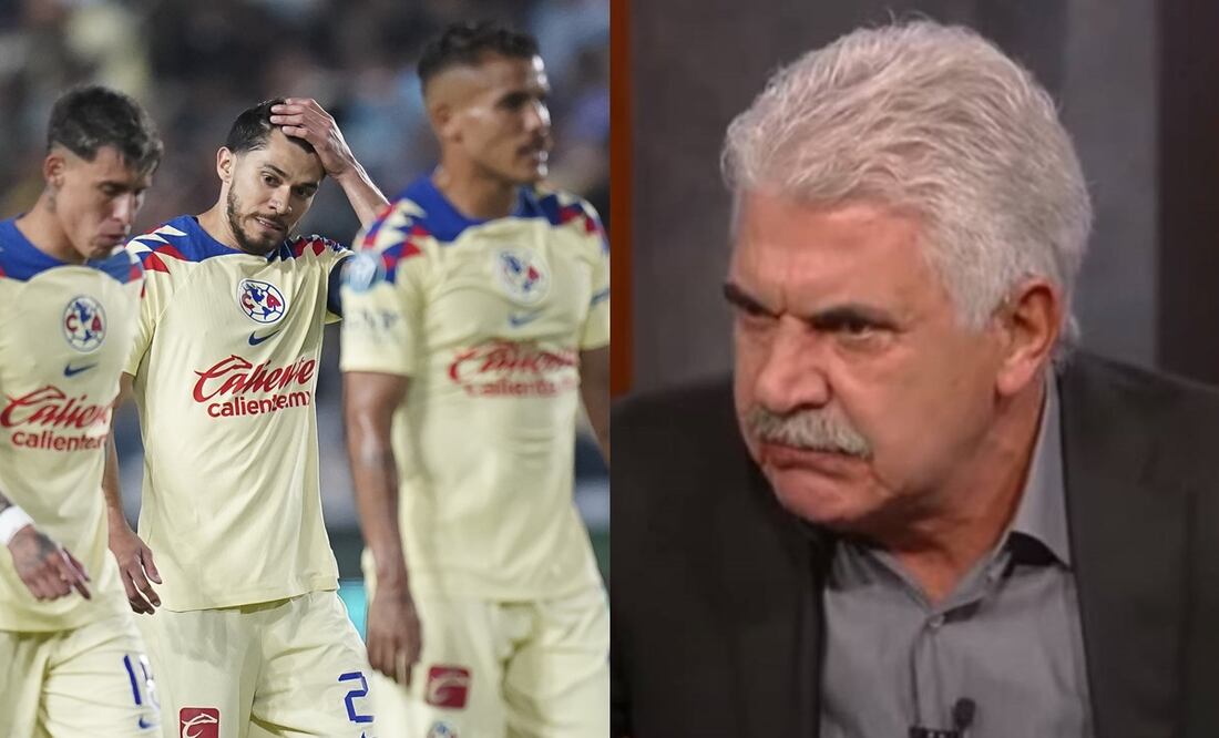 Jugadores de América lamentándose tras eliminación ante Pachuca y Tuca Ferretti enojado en ESPN / FOTO: Imago7 y Captura