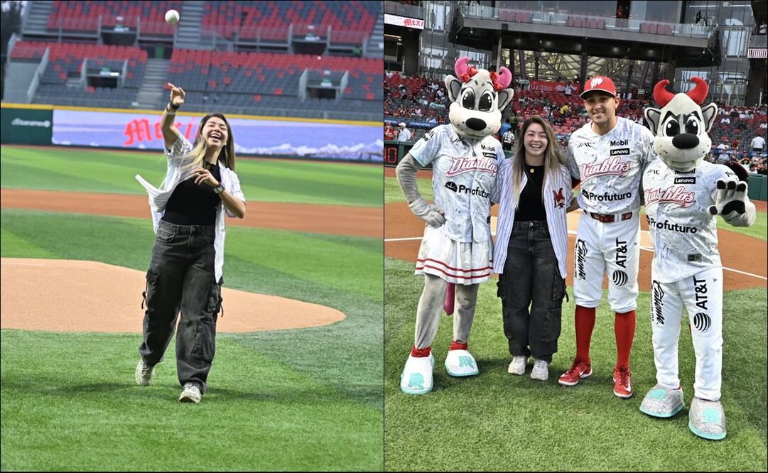 Katty Martínez lanzó la primera bola en el Tigres de Quintana Roo vs Diablos Rojos del México. FOTOS: @DiablosRojosMX