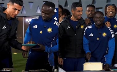 Cristiano Ronaldo cortó una rebanada de pastel a Sadio Mané en su recibimiento. FOTO: Capturas
