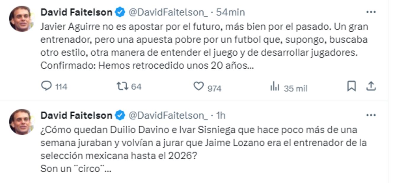 David Faitelson, con estas publicaciones, se lazó contra Javier Aguirre y la FMF tras la destitución de Jaime Lozano. Foto: Imago7