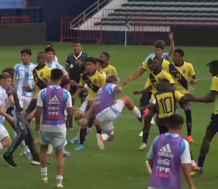 Un jugador suplente de La Albiceleste lanza una patada voladora contra un ecuatoriano. FOTO: Captura