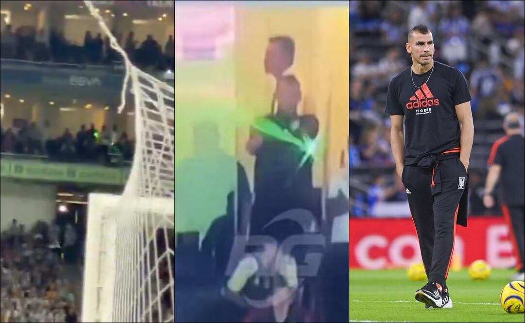 Nahuel Guzmán utilizó un láser para molestar a jugadores de Rayados en el Clásico Regio. FOTOS: Imago7 / Capturas