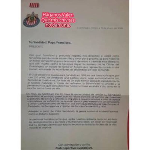 Esta es la carta que recibió el Papa Francisco por una aficionada, a nombre del Guadalajara. FOTO: Especial